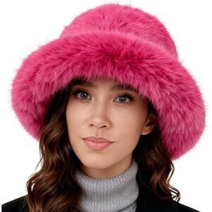 Women's Dark Pink Oversized Winter Long Pile Fur Wide Moldable Brim Warmer Cap